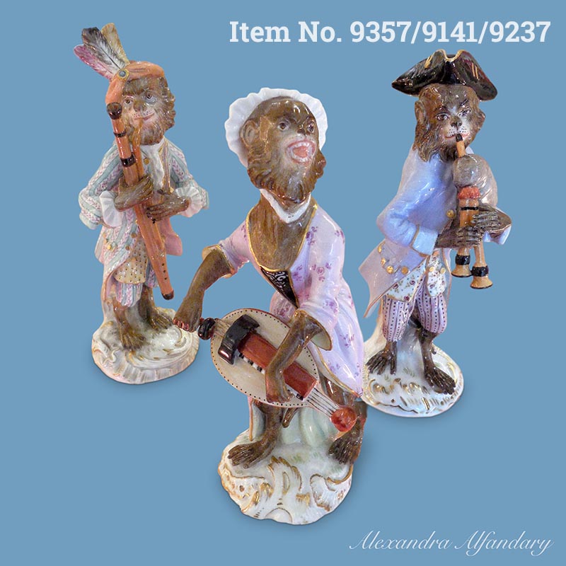 Items No. 9357/9141/9237: Three Meissen Porcelain Monkey Musicians from The Meissen Monkey Band, ca. 1880